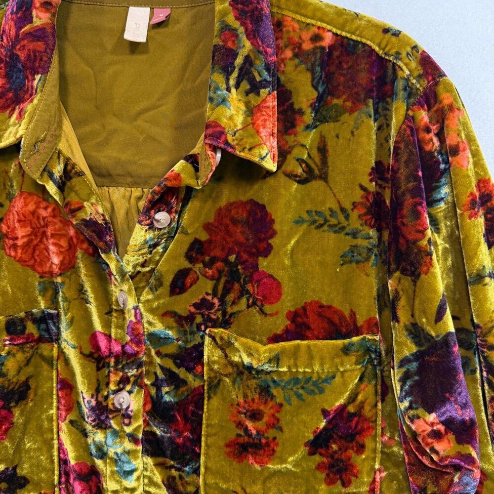 Pilcro Shirt Women M Green Floral Relaxed Velvet Button Down Romantic Academia - Picture 11 of 11